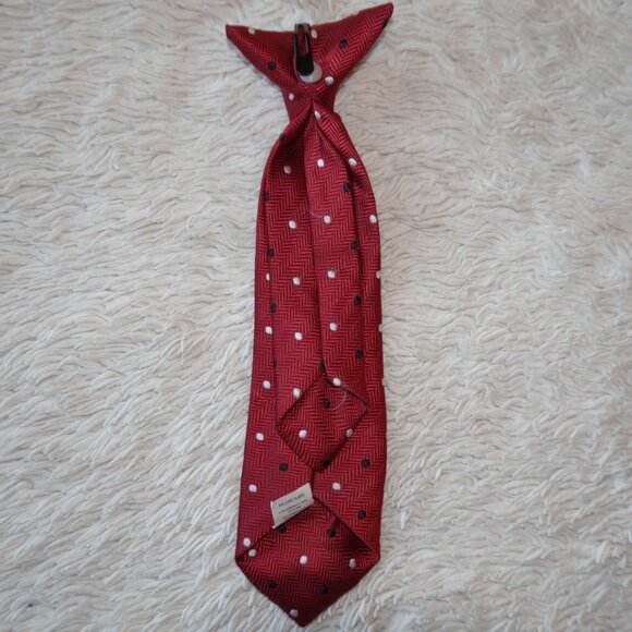 Boys Clip-On Neck Tie, Red Herringbone Pattern with Black and White Polka Dots - Picture 2 of 2